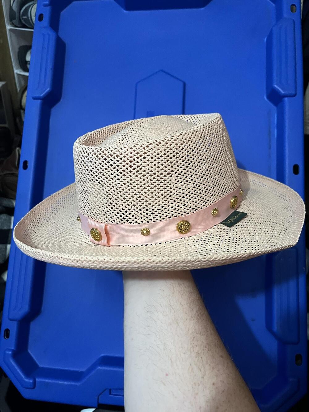 Chi Chi Collection Hat Fedora Womens One Size Pink Straw Ribbon Studs Summer
